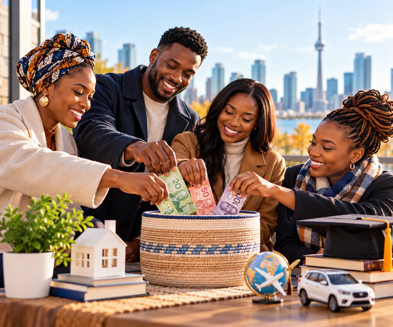 Four friends each contributing to a shared savings basket, with a Toronto skyline behind them