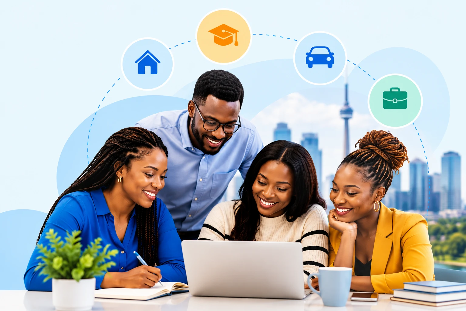 A group of friends planning their savings goals together on a laptop, with icons for a home, education, a car and business